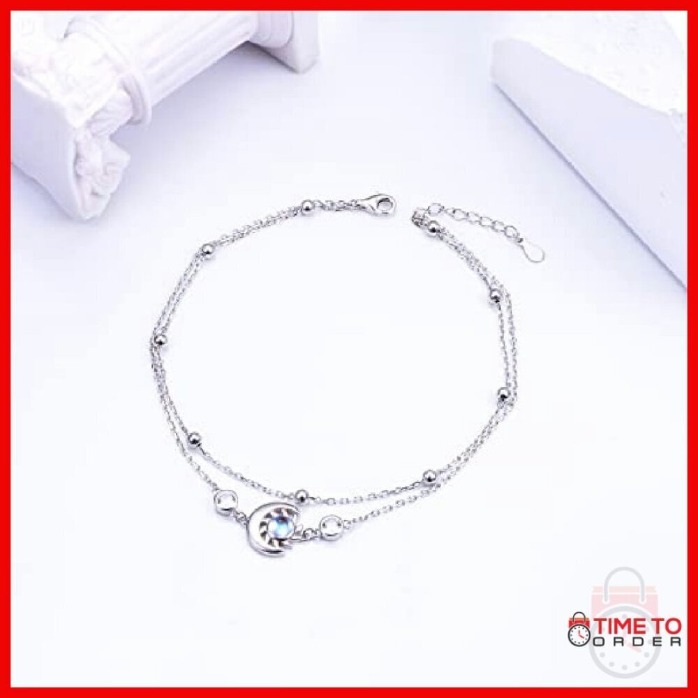 925 Sterling Silver Adjustable Anklet with Moonstone Charm - Picture 5 of 8